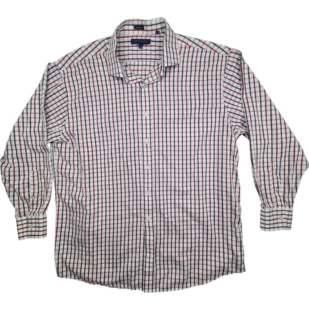 Tommy Hilfiger Mens Dress Shirt Regular‎ Fit Checkered Red Blue 17.5 34-35